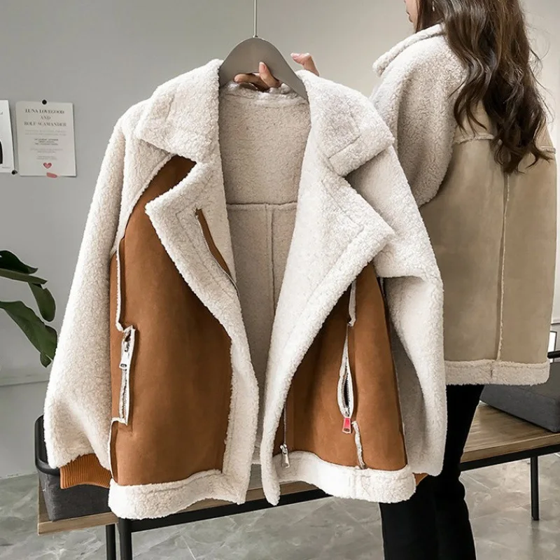 

Fashion Thicken Warm Suede Artificial Lamb Wool For Women Y2k With Autumn Winter Fur One Outside Wearing Motorcycle Clip Coat