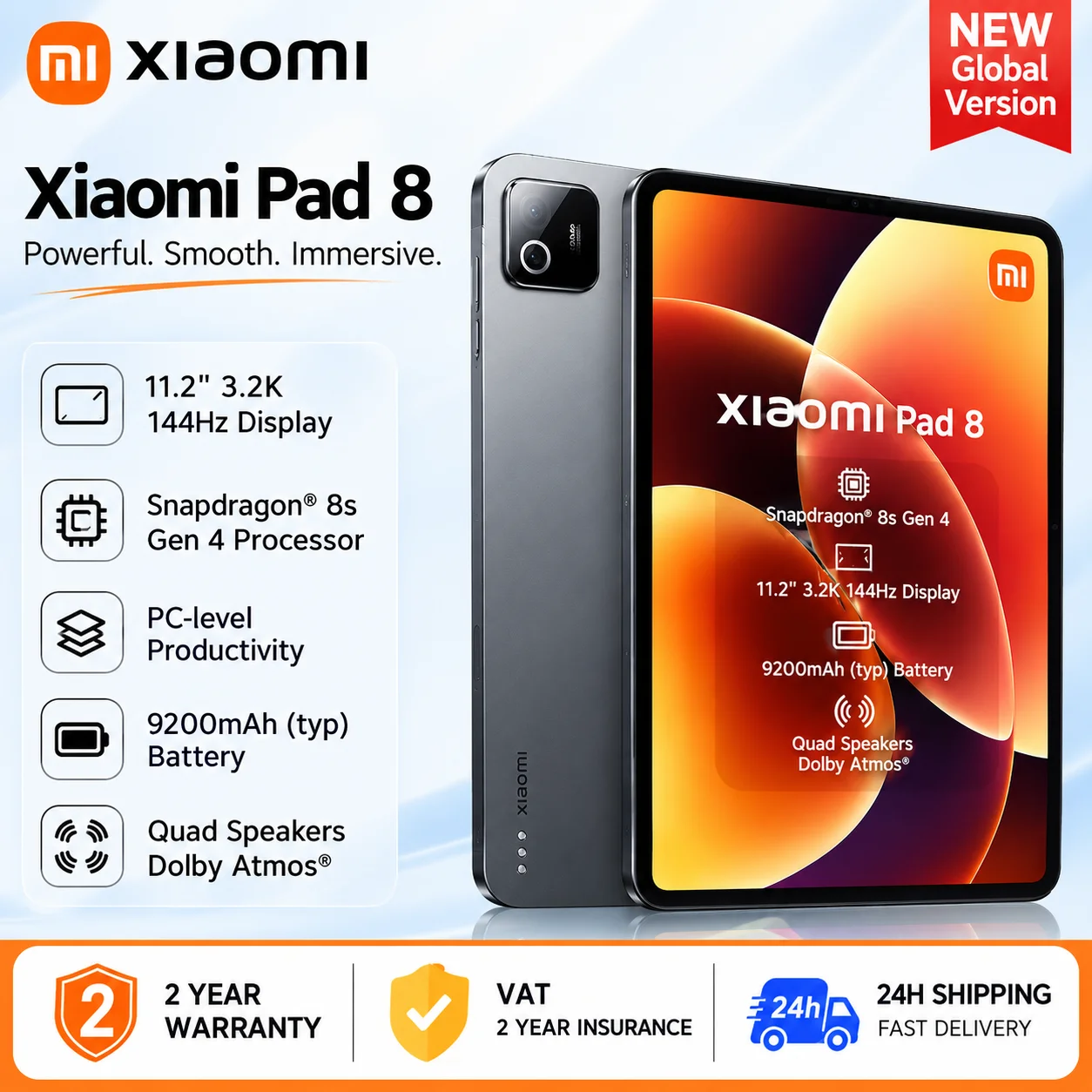 Xiaomi Pad 8 Version Globale Originale, Processeur Snapdragon 8s Gen 4, Tablette PC AI, Écran 11,2'' 3,2K 144Hz, Batterie 9200mAh, HyperOS 1