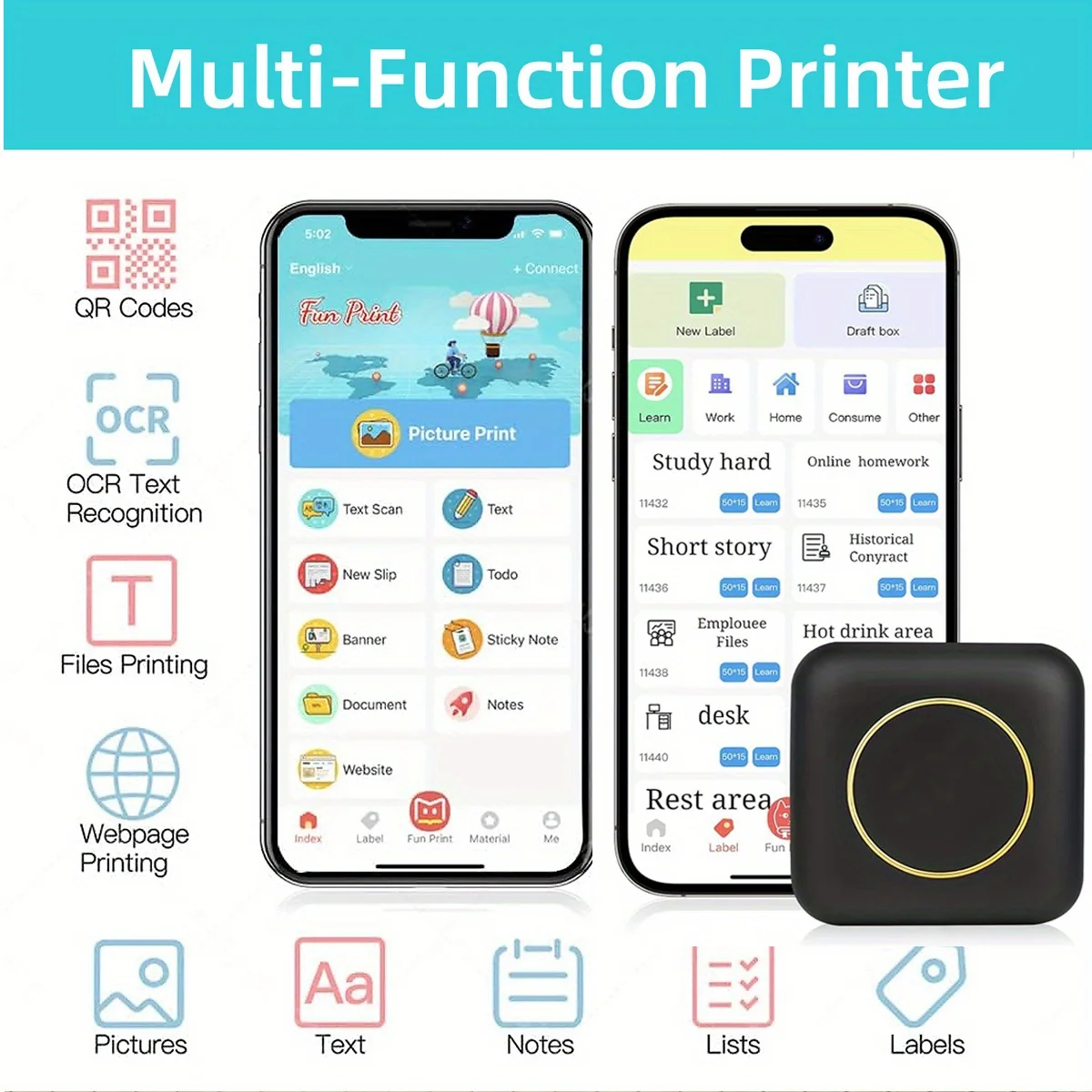 Portable Mini Photo Printer for iPhone/Android - Compact Thermal Printing Device with 1200mAh Battery, Monochrome Prints
