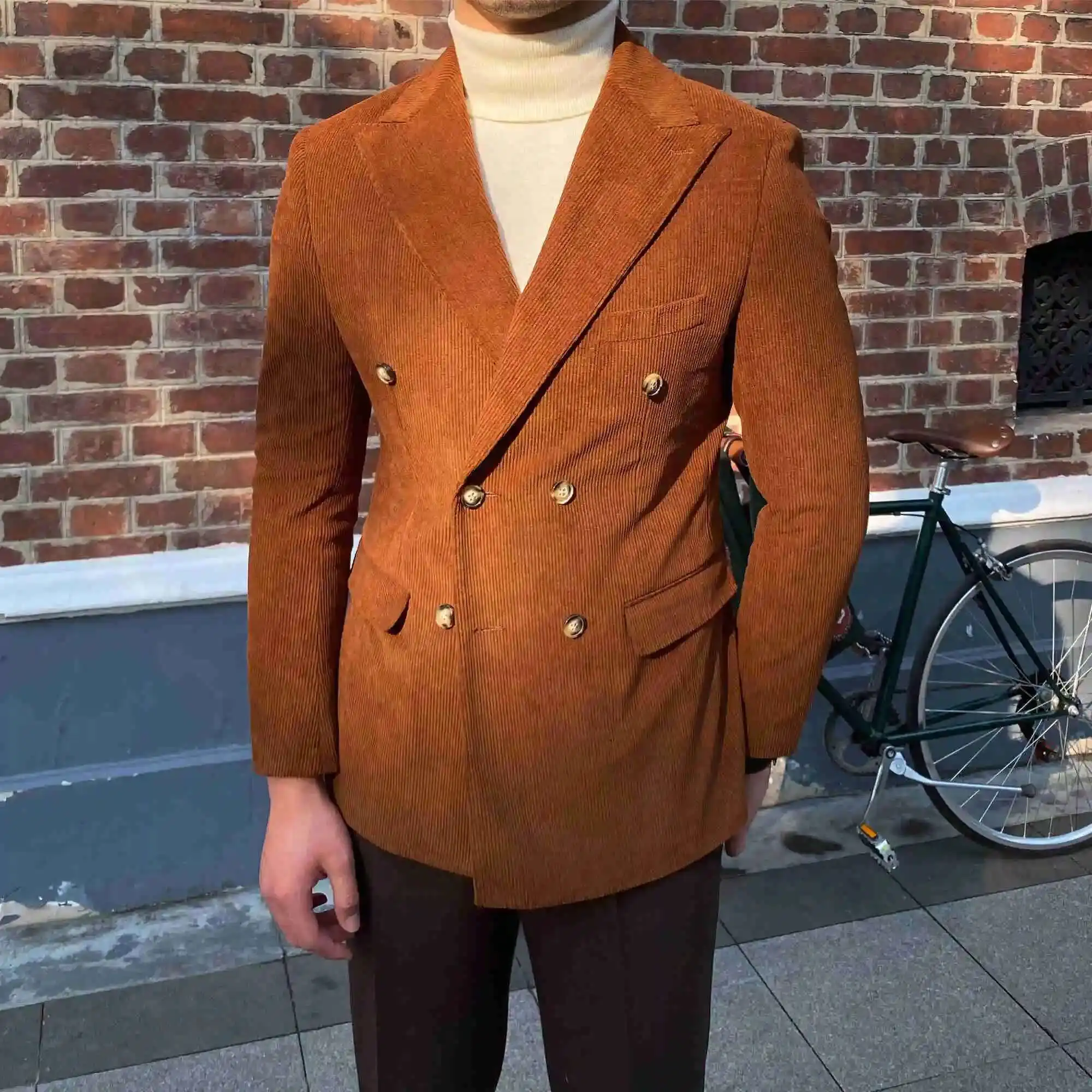 Autumn Winter Italian Men Corduroy Blazer Luxe Slim Fit Double Breasted Groom Suit Jacket Wedding Dinner Prom Tuxedo Coat
