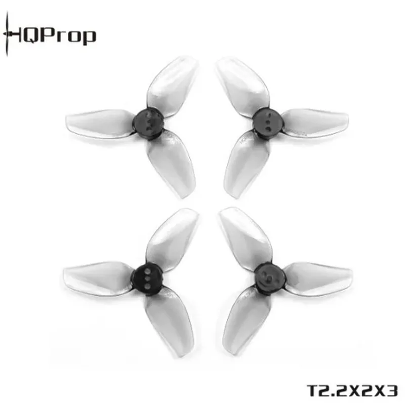 Paquet de 4 hélices de drone FPV HQProp T2.2x2x3 3 pales grises, avec étiquettes CW et CCW.
