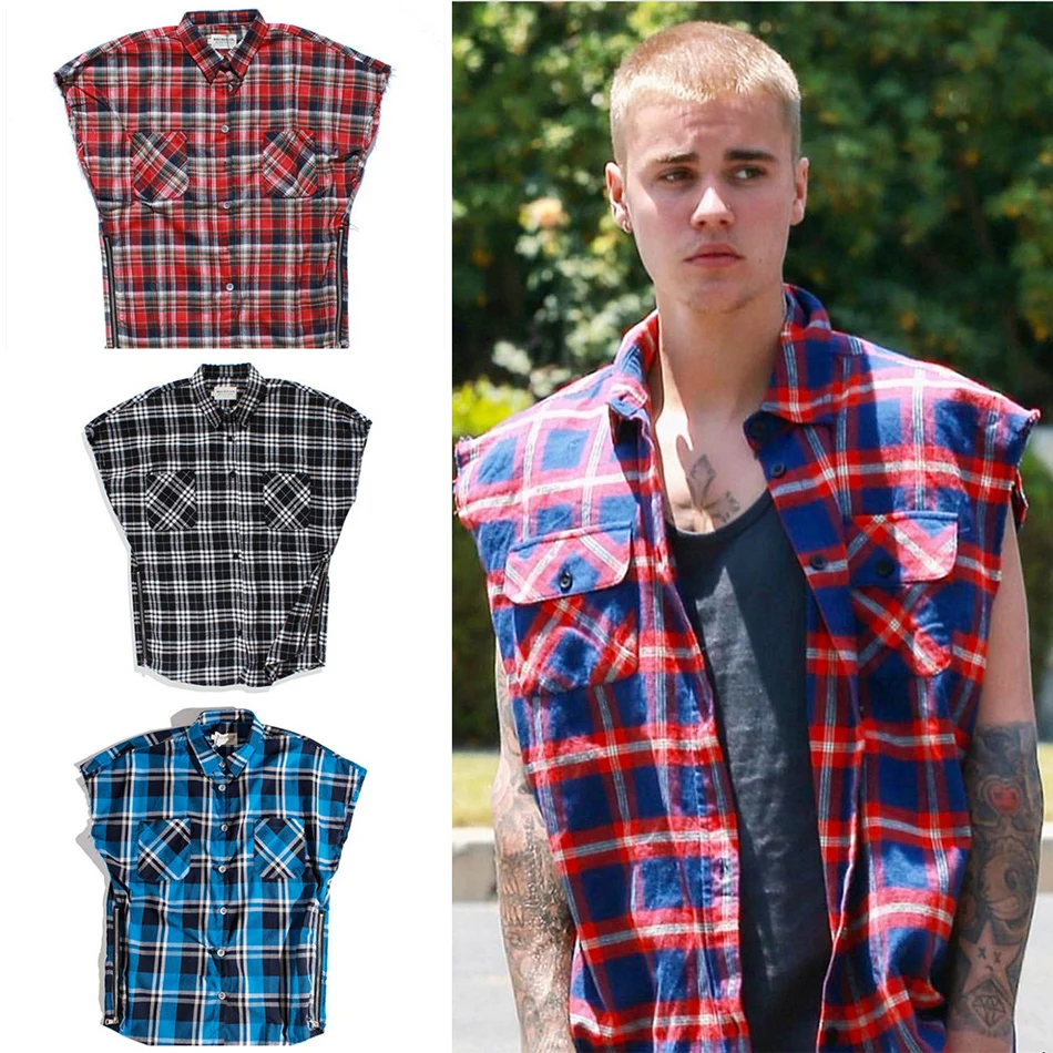 

High Street Oversized Plaid Sleeveless Shirts Side Zipper Checkered Mens Justin Bieber Tide Multi-color Loose Waistcoat Shirt