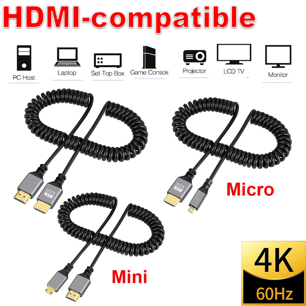 마이크로 미니 HDMI 호환 코일 익스텐션 유연한 나선형 케이블, 수-수 플러그 케이블, PC TV용 HDMI 호환, 4K 60HZ