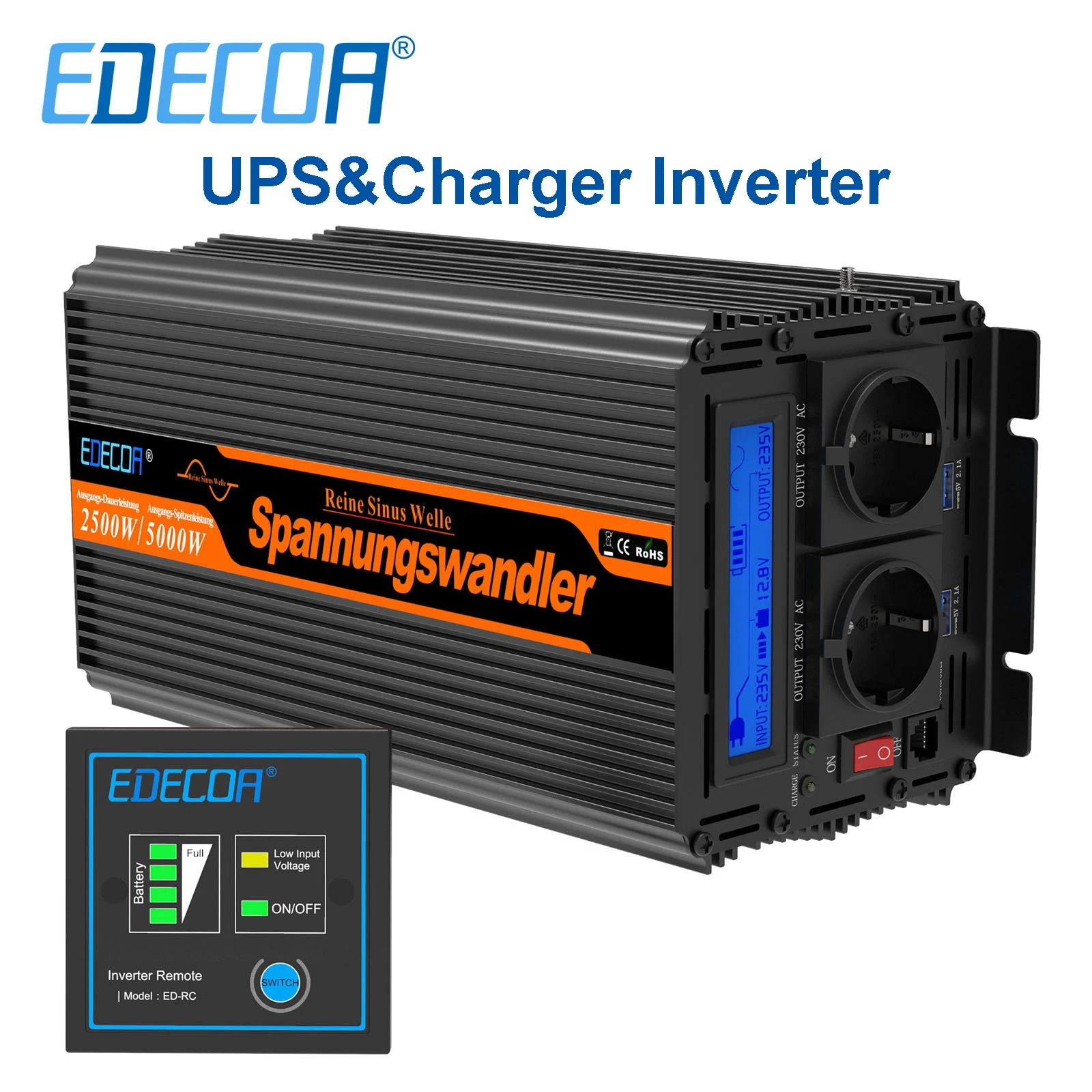 UPS&charger Wechselrichter 2500W DC 12V zu AC 220V 230V Konverter