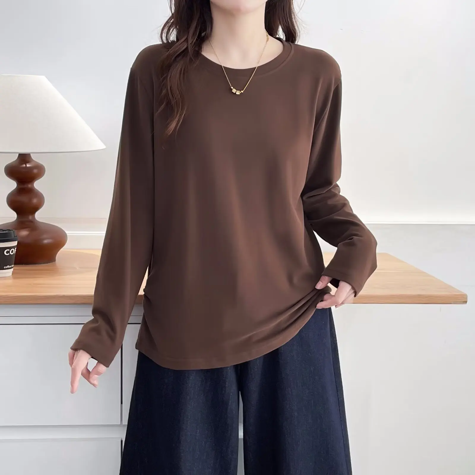 Fashion Plus Size Women's T-Shirt Autumn New Simple Basic Solid Color Waist Fold Long Sleeve Tops 992