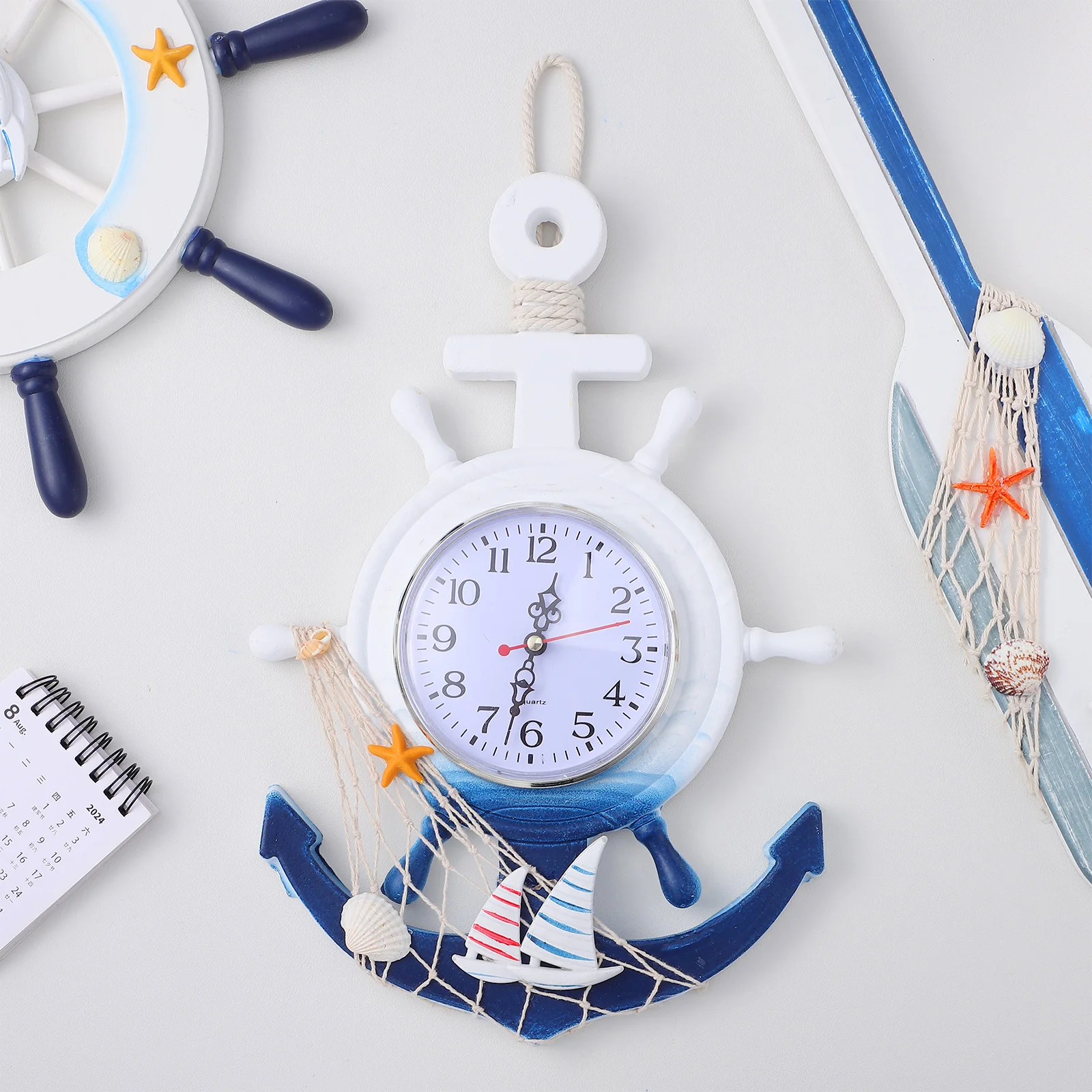 Boat Anchor Clock Wooden Wall Clock Plastic Material Clear Mirror Home Decor Mediterranean Style Hanging Bedroom