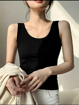 محبوك القطن الصيف بلا أكمام تي شيرت بلايز المرأة بلايز بيضاء عادية نحيل تانك القمم موضة أسود أبيض كاكي أزرق 5