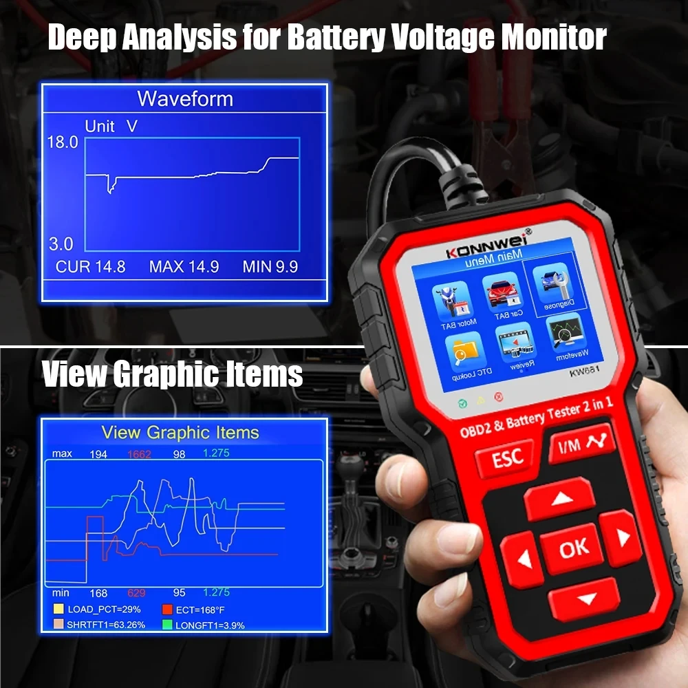 KONNWEI-KW681 6V 12V 자동차 오토바이 배터리 테스터 Obd 2 자동 진단 도구, 2 인 1 2000 CCA 자동차 진단 Obd2 스캐너