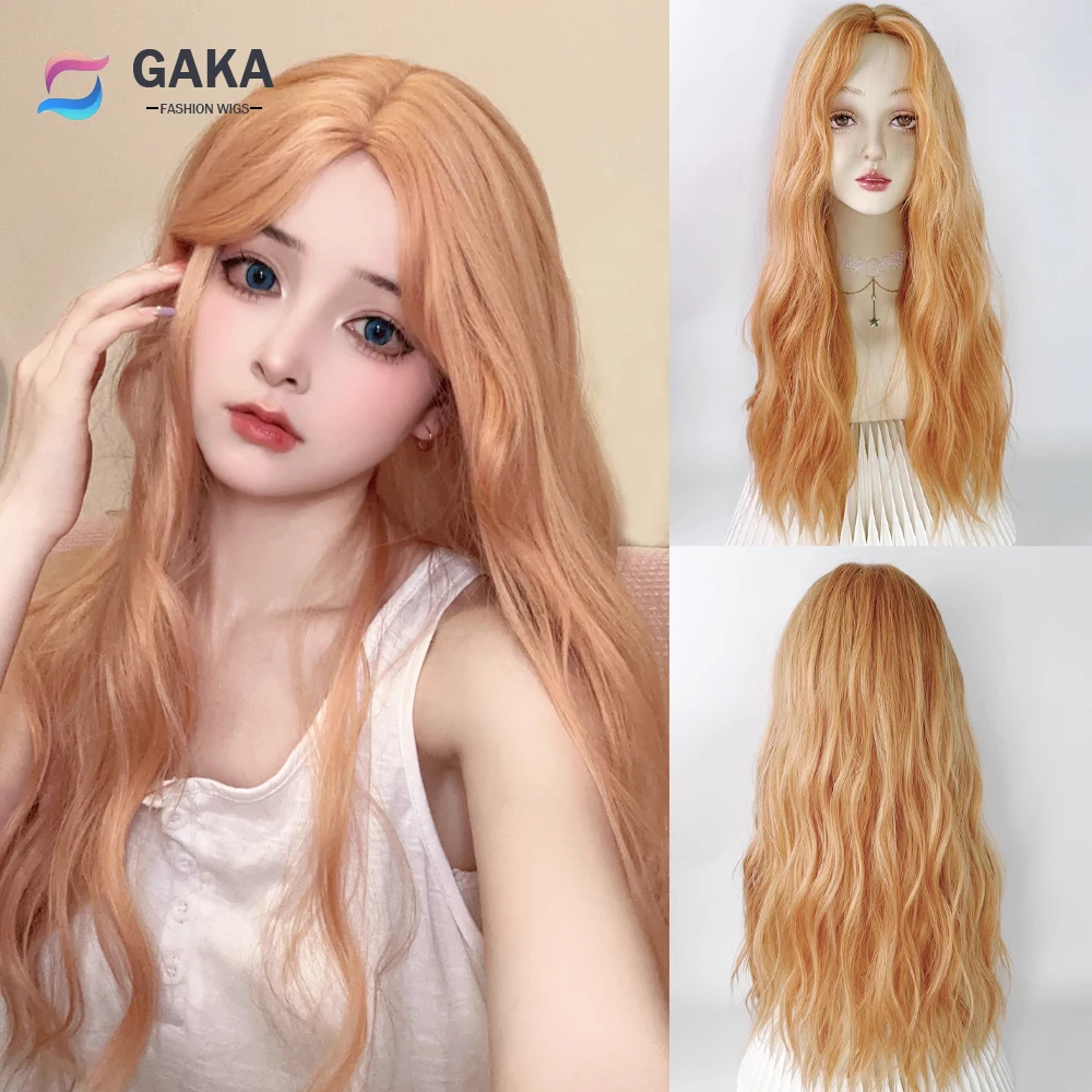 

GAKA Orange Synthetic Long Women Wavy Wigs Middle Part Lolita Cosplay Natural Fluffy Heat Resistant Hair Wig for Daily Party