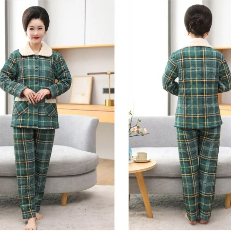 2024 New Middle Aged Mother's Cotton Pajamas Women's Winter Three-layer Thickened Sleepwear Cotton Set Large Size Warm Homewear