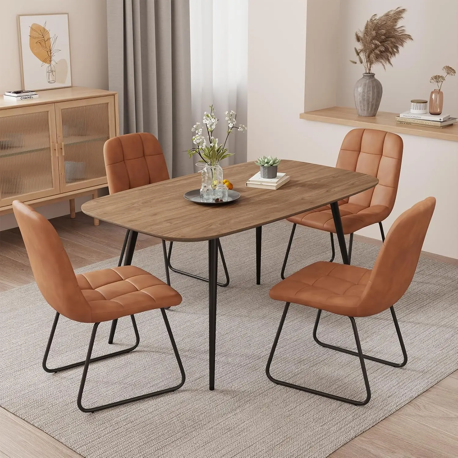 47.2'' Modern Farmhouse Dining Table, Wooden Rectangular Dining Table with Metal Legs for 4-6 People(Walnut Color Table, 47.2")