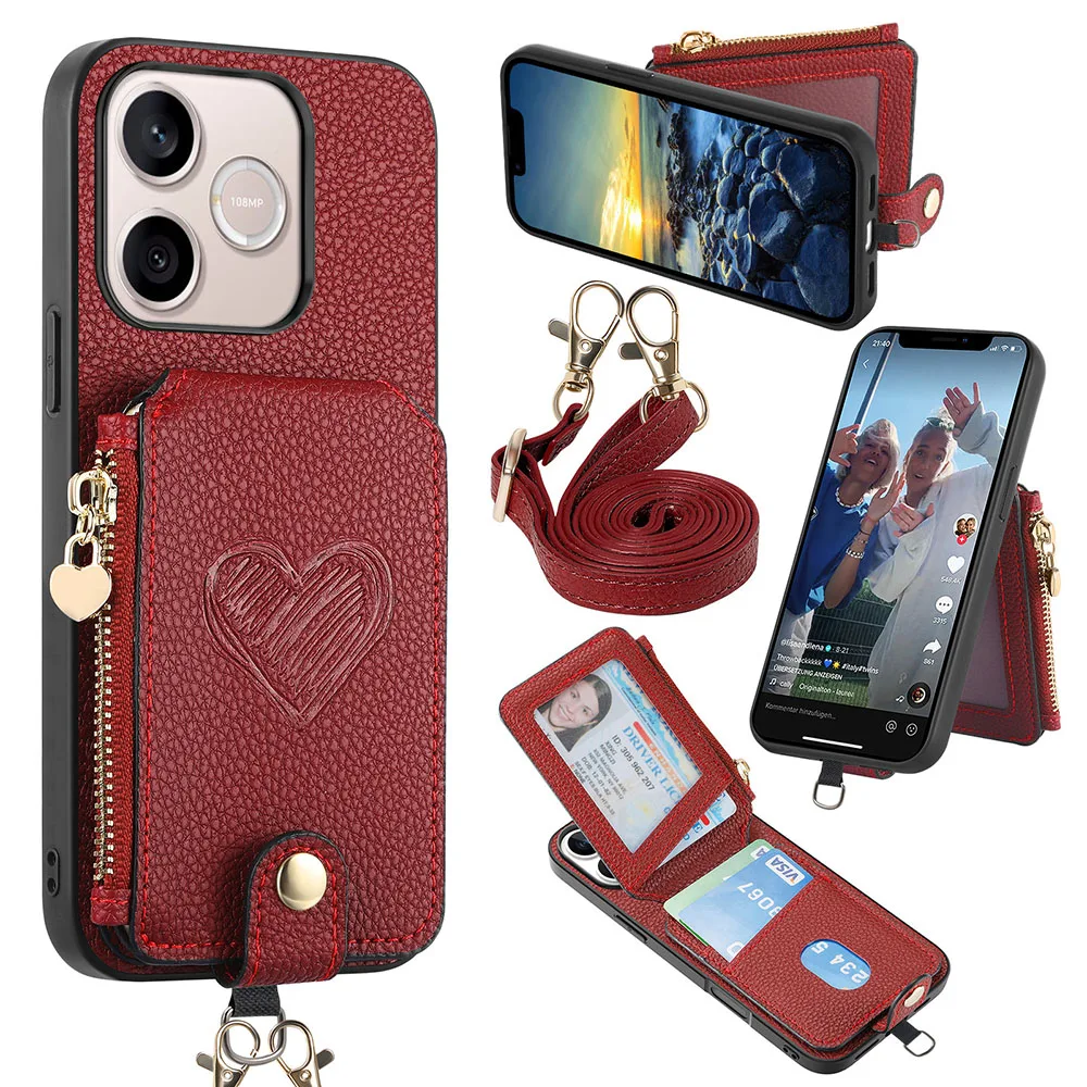 Elegant Leather Wallet Phone Case with Zipper & Card Holder - Includes Lanyard