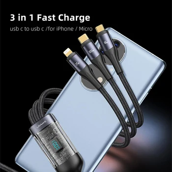 USAMS 100W 3 in 1 Type C Cable Digital Display PD Fast Charging Cable USB C 3 in1 For iPhone iPad MacBook Xiaomi Samsung Huawei 4