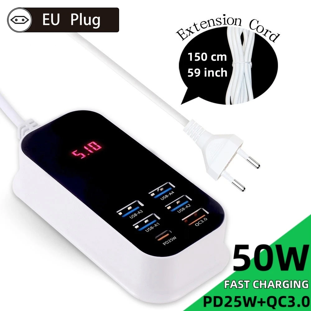 ตัวเลือกสินค้า อะแดปเตอร์ชาร์จเร็ว 6 พอร์ต USB-C PD 50W พร้อมไฟ LED