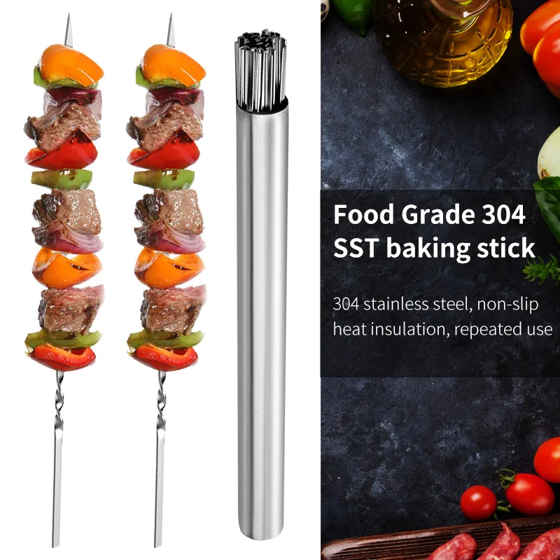 Tubo de almacenamiento de acero inoxidable para brochetas de barbacoa, palillos reutilizables para parrilla, tenedor plano para barbacoa, utensilio para barbacoa, accesorios de cocina para acampar al aire libre_voghion.com