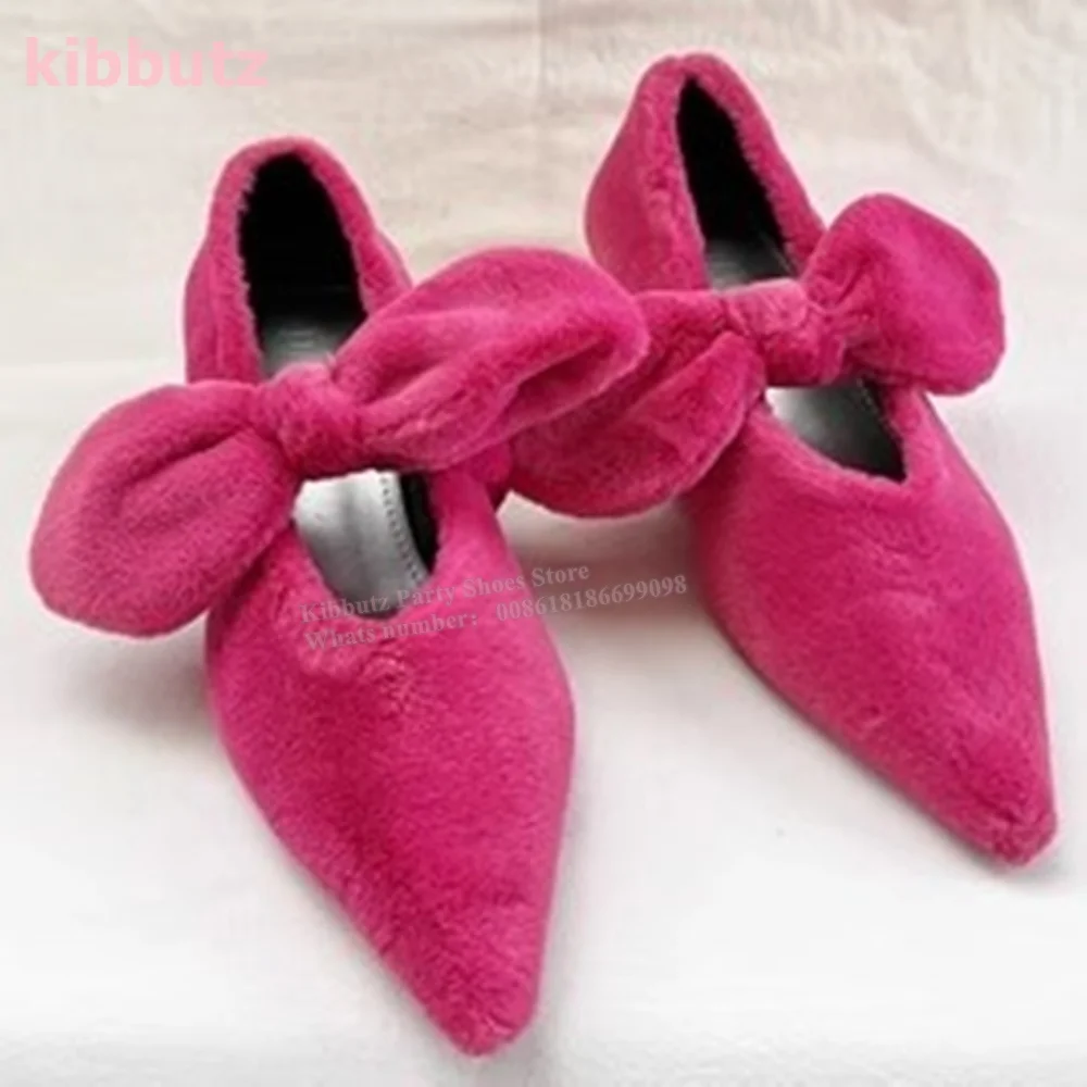 

Furry Butterfly Bows Single Pumps Solid Color Slip-On Pointed Toe Kitten Heel Fashion Novelty Elegant Sexy Women Shoes Newest