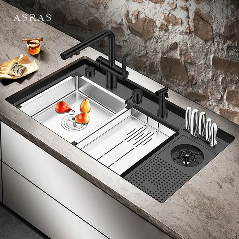 ASRAS ขนาดใหญ่ขนาดนาโนเมตรถ้วย Rinser Stepped อ่างล้างจาน304สแตนเลส4Mm ความหนา Handmade อ่างล้างจานผู้ถือมีด 1