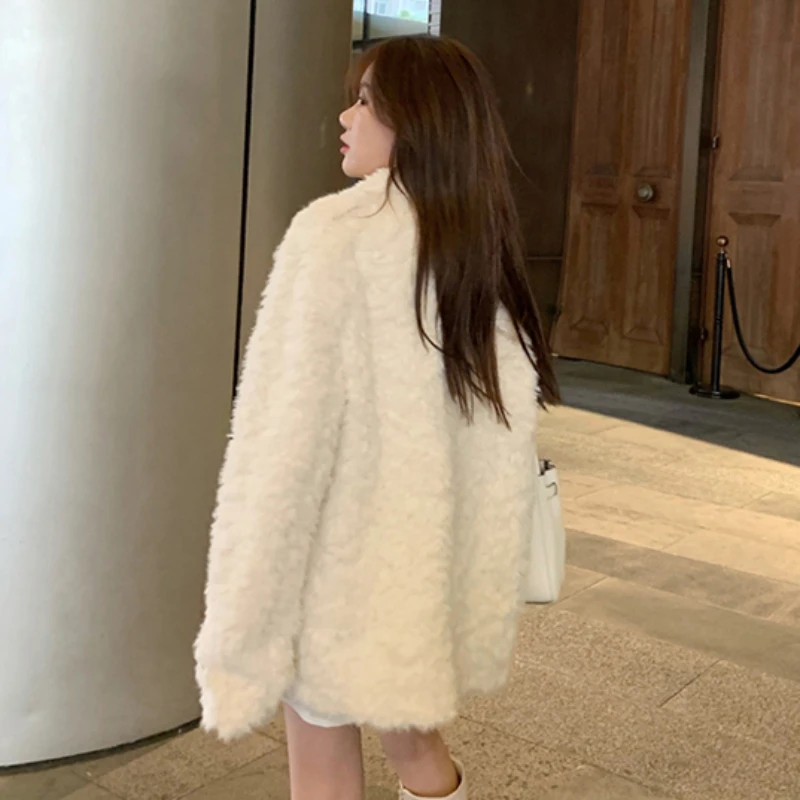 Mid Length Faux Fur Coat for Women, Thick and Warm Outwear, Loose Lapel, Long Sleeve, Casual Fashion, Korean Style, Winter, 2024