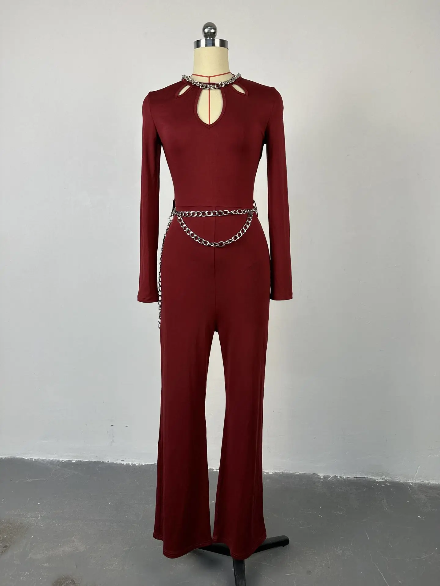 2024 spring new temperament hollow long sleeve slim high waist wide leg trousers jumpsuit