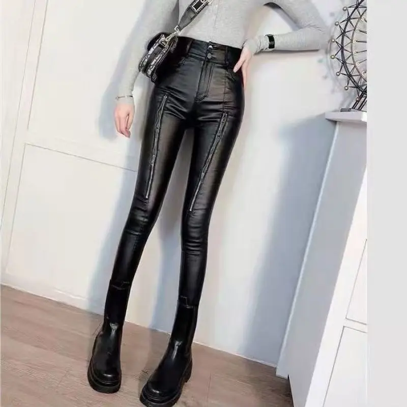 Matte coated leather pants women's new slim high waist velvet leggings women's autumn and winter outer wear