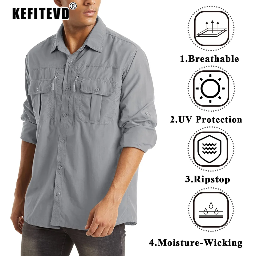 Fishing Shirts Men's Hiking Long Sleeve Zipper Chest Pocket Lightweight Camping Trekking