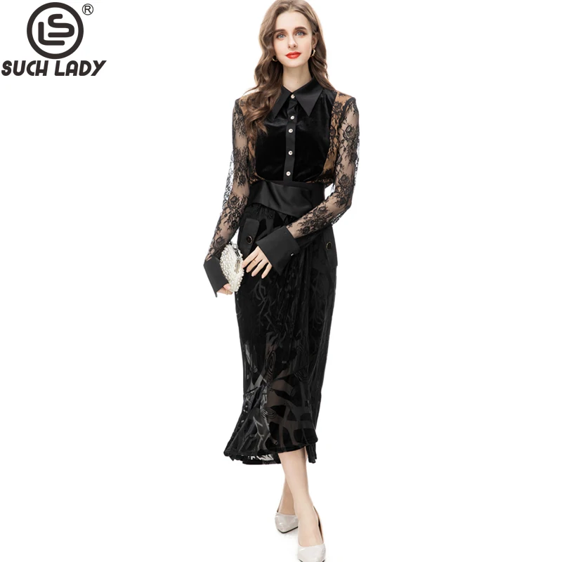 Women's Runway Designer Two Piece Dress Turn Down Collar Long Sleeves Lace Shirt with Printed Pencil  Skirt Twinsets