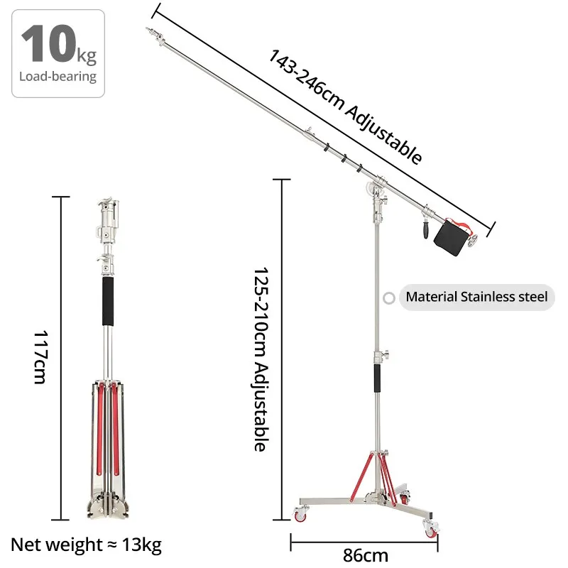 Remotely Adjustable Lights Heavy Duty Stainless Steel 210CM Light Stand + Boom Arm C Stand + Wheel Load Bearing 10KG for Flash