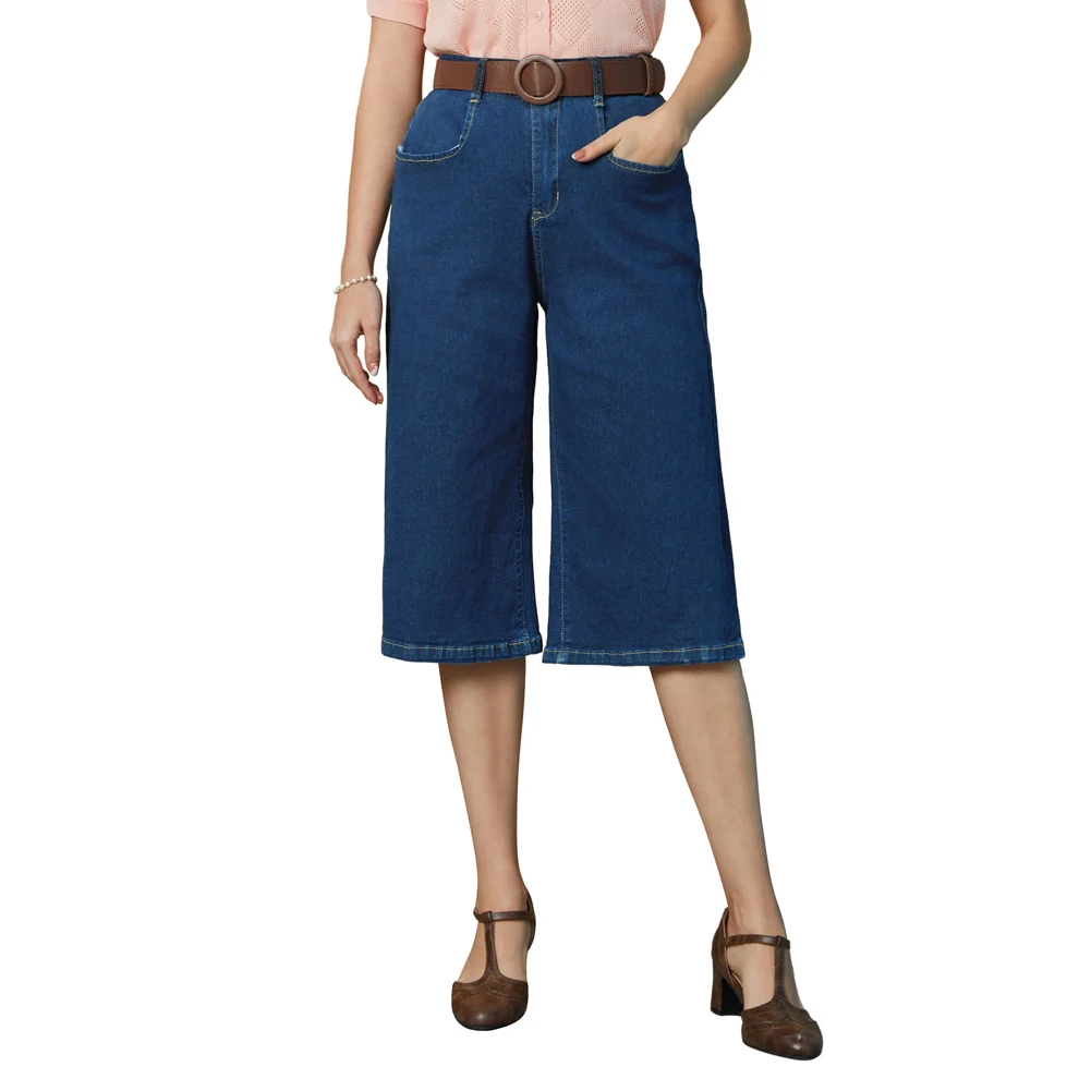 BP Jeans Women Vintage Wide Leg Capri With Belt Elastic-Waist Jean Pants Slimming Fashion Straight Wide Leg Casual Streetwear