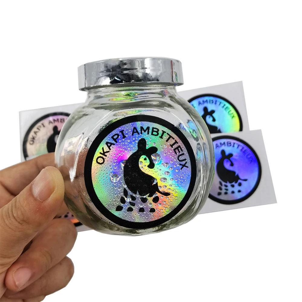 맞춤형 로고 인쇄 방수 찢어짐 방지 2D 레인보우 라벨 실버 홀로그램 PET 스티커, 35x35mm, 1000 개