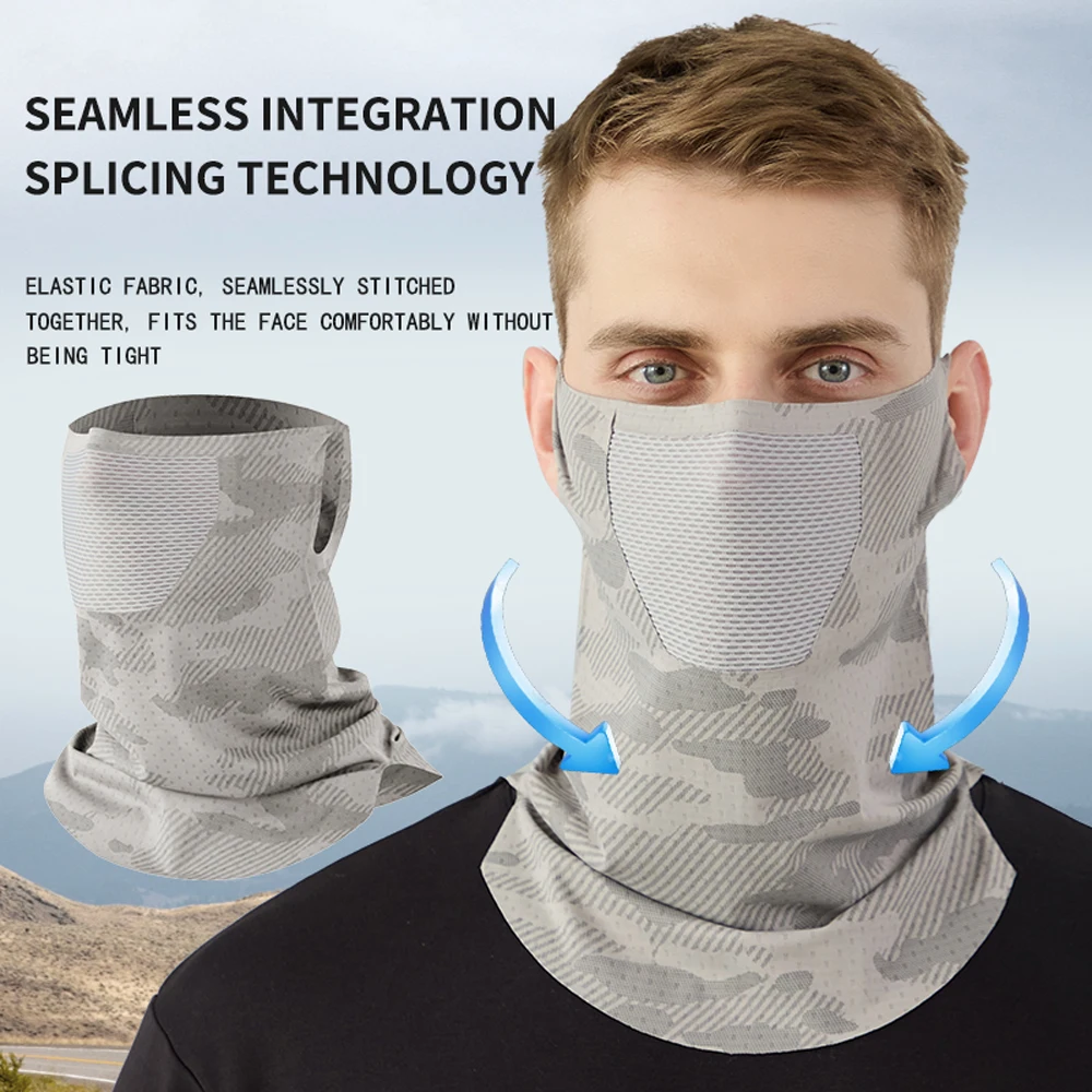 Vue rapprochée du masque réutilisable en tissu respirant, protection solaire et anti-poussière, avec détails des coutures et du tissu.