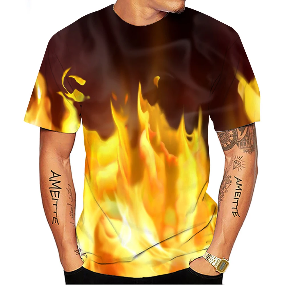

New Summer Tide Flame Picture Men T-Shirts Casual 3D Print Tees Hip Hop Personality Round Neck Short Sleeve Tops