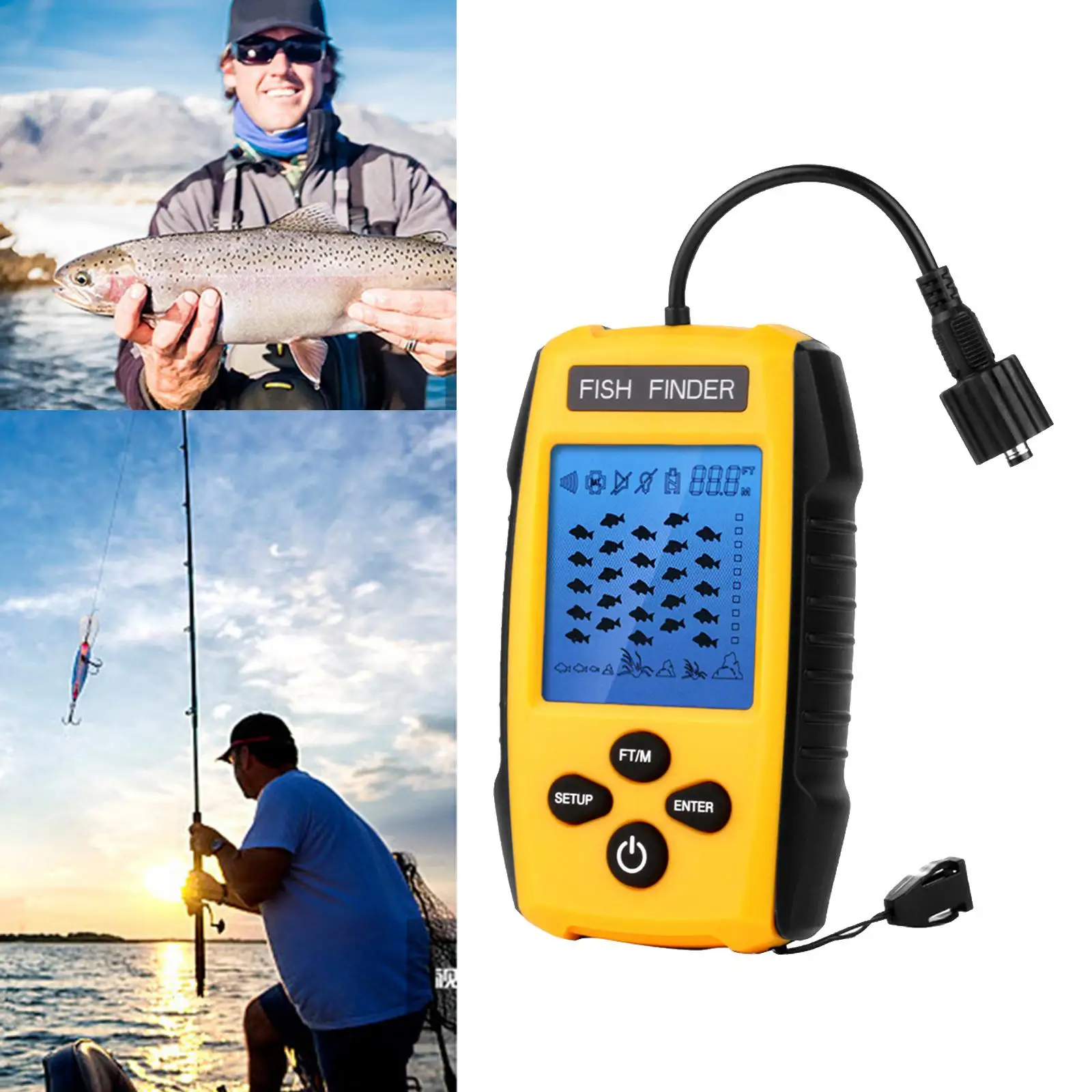 Handheld Portable Fish Ice Fishing Gear Depth with LCD Display Sonar Transducer 328ft ()
