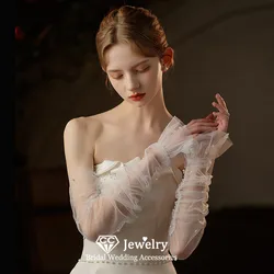 CC Romantic Gloves Wedding Events Women Accessories Bridal Dress Engagement Jewelry Imitation Pearl Tulle Gorgeous Sleeve WG069