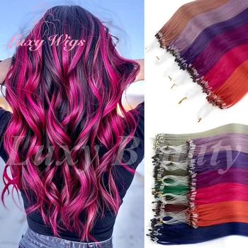 Straight Pink Micro Loop Hair Extensions Human Hair Micro Beads Halo Hair Extensions 12-20'' Colored Blue Purple Green Hair