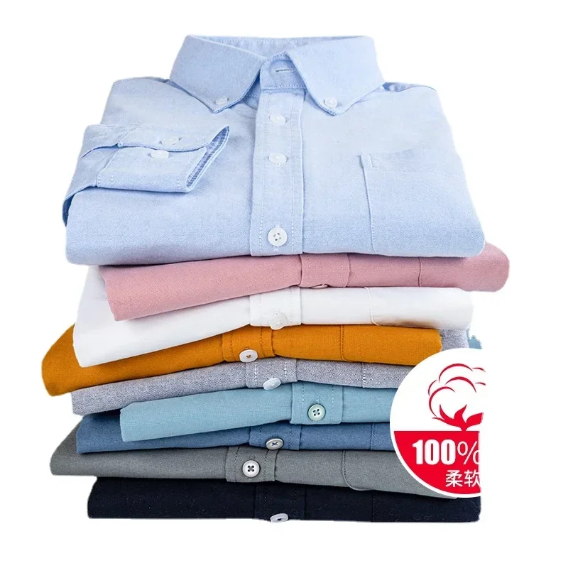 Quality 100% Cotton Oxford Shirt Men's Long Sleeve Casual Comfortable Breathable Button Pocket Men Solid Dress Shirts