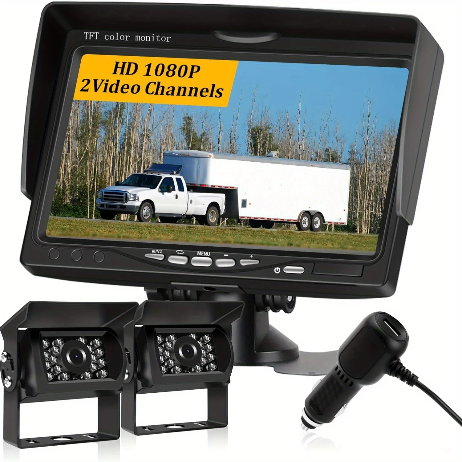 

RV Dual Backup Camera Plug And Play - No Delays 7 Inch HD 1080P Rear View Camera With IR Night Vision 4 Channels - Rear View Cam