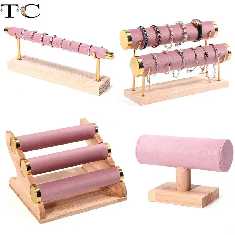 Деревянная розовая бархатная Подставка для ювелирных изделий, браслет, часы, ожерелье, подвеска, кольцо, нефритовый браслет, демонстрационная Подставка для хранения подставка для ювелирных изделий ожерелье серьги часы кольцо