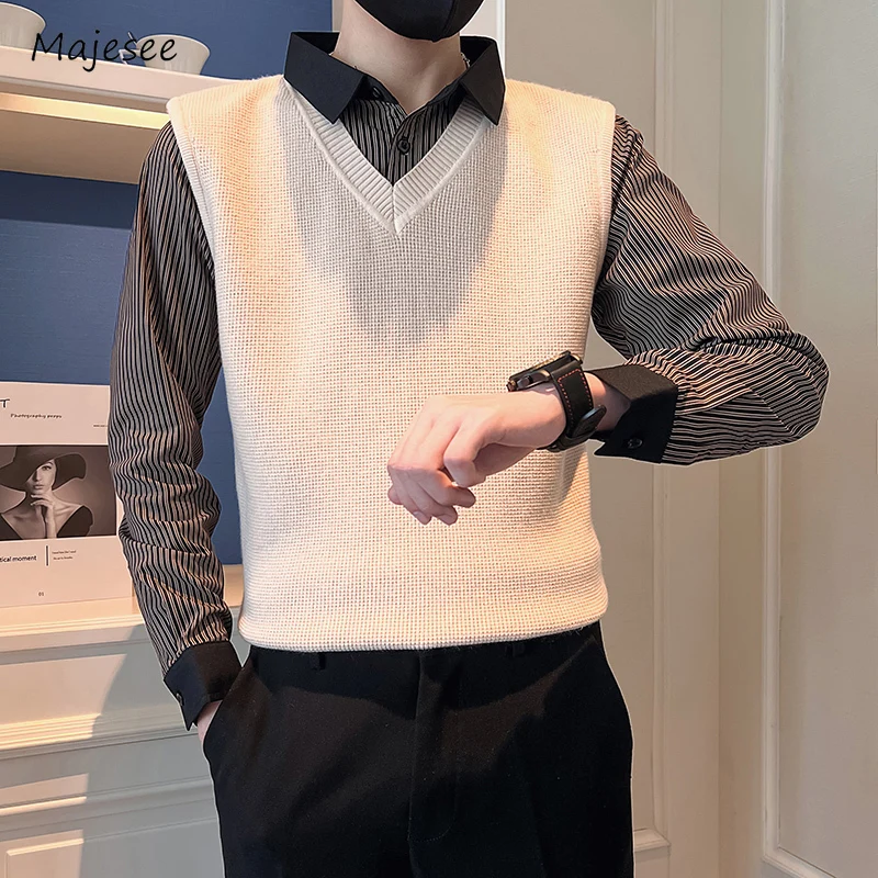 

Fake Two Piece Sweaters Men Handsome Smart Casual Hong Kong Style Panelled Chic Streetwear Cozy Outer Temperament Fashion New