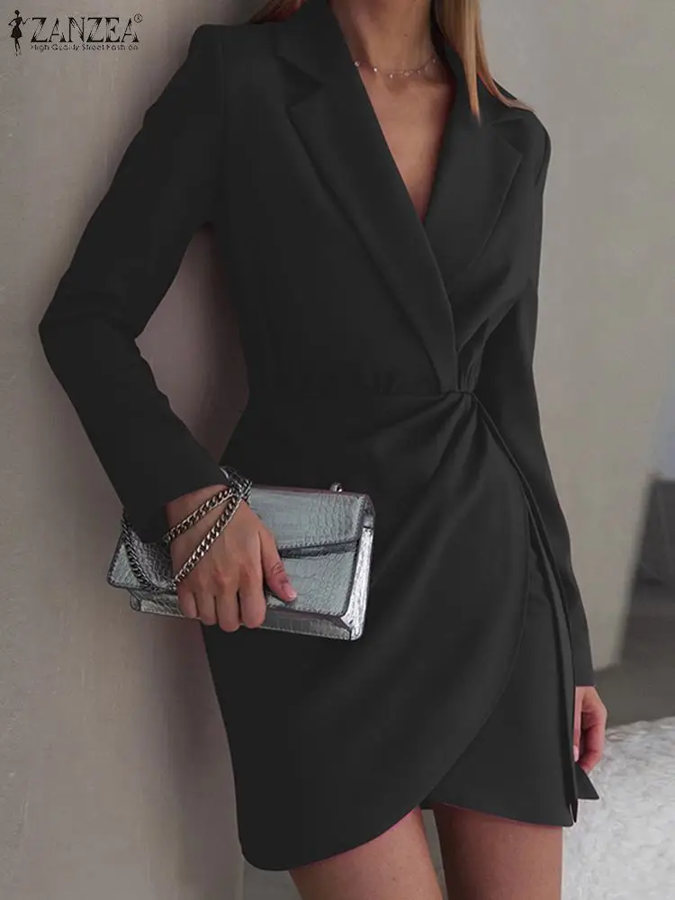 

Осень 2023, плиссированное платье ZANZEA с длинным рукавом, винтажное однотонное мини-платье, женское платье с воротником, поясом, модное платье
