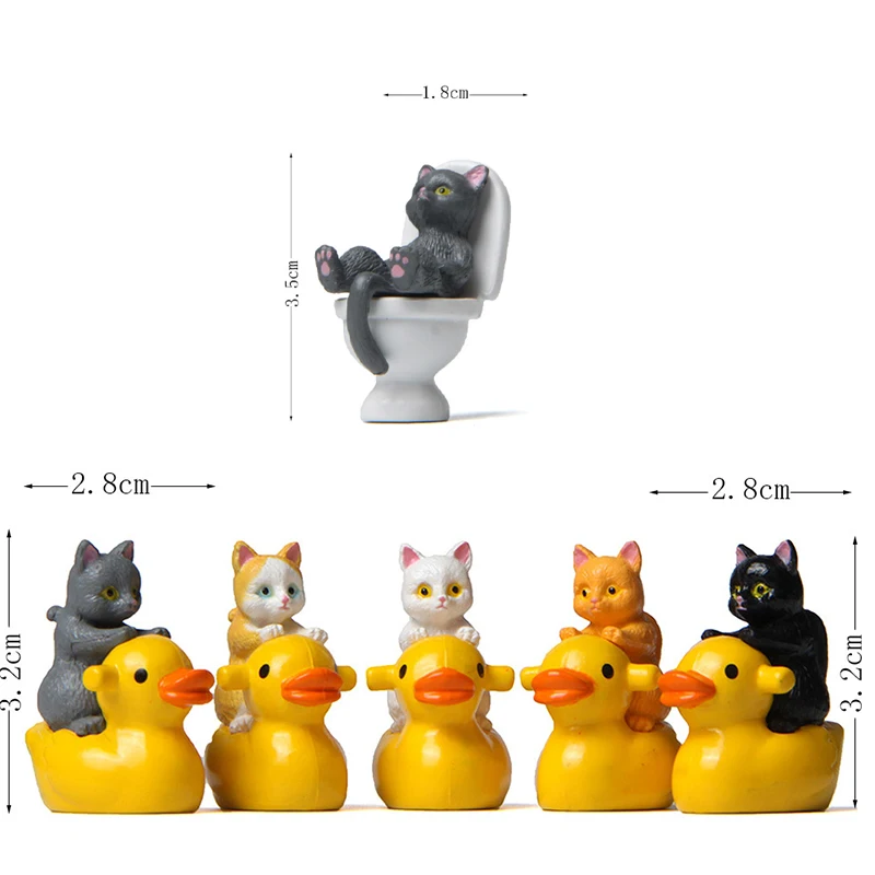 Cute Animal Cat Sitting On Toilet And Small Yellow Duck Miniature Handicraft Decorations Landscape Home Garden Decoration Toys