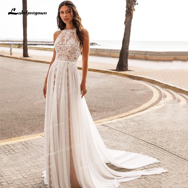 Boho Beach Halter Backless Appliques Lace A-Line Wedding Dresses 2022 Chiffon Bridal Gown Sweep Floor-Length Sashes robes tea length wedding dress