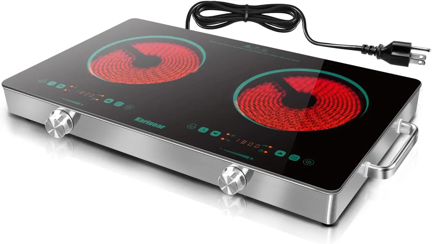 2 Burner Electric Cooktop 110V, Portable Electric Stove with Handle, Knob Control Electri Hot Plate, Ceramic Countertop