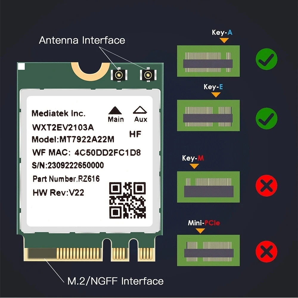 AX5400 WiFi6E MT7922 M.2 무선 카드 BT 5.2 트라이 밴드 2.4G/5G/6Ghz 네트워크 어댑터 802.11AX 무선 어댑터 Win 10/11