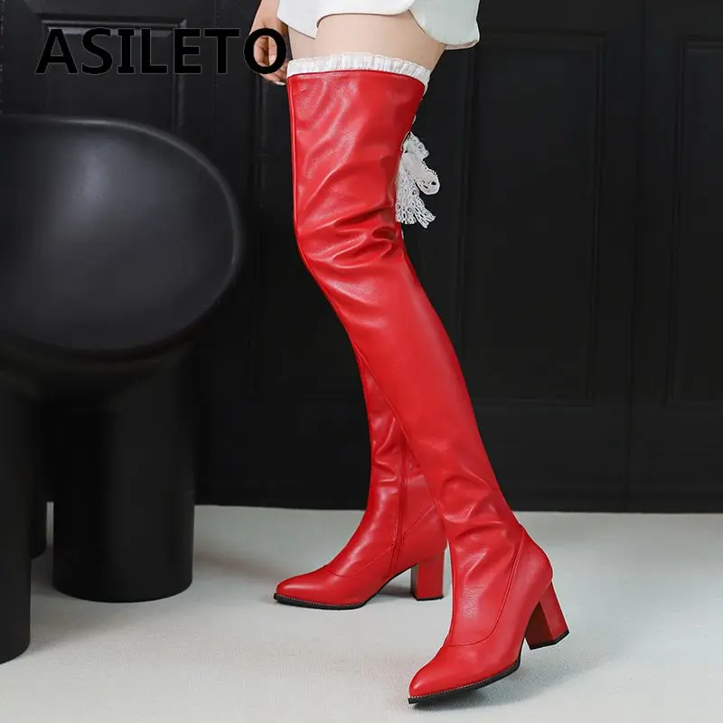 

ASILETO Design Women Thigh Boots 65cm Pointed Toe Block Heels 6.5cm Zipper Riband Plus Size 46 47 48 Sexy Party Female Booties