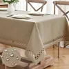 Beige Thick Polyester Linen Rectangle Tablecloth with Decorative Cutouts Waterproof Stain Resistant Table Cloth 1