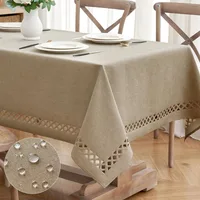 Beige Thick Polyester Linen Rectangle Tablecloth with Decorative Cutouts Waterproof Stain Resistant Table Cloth 1
