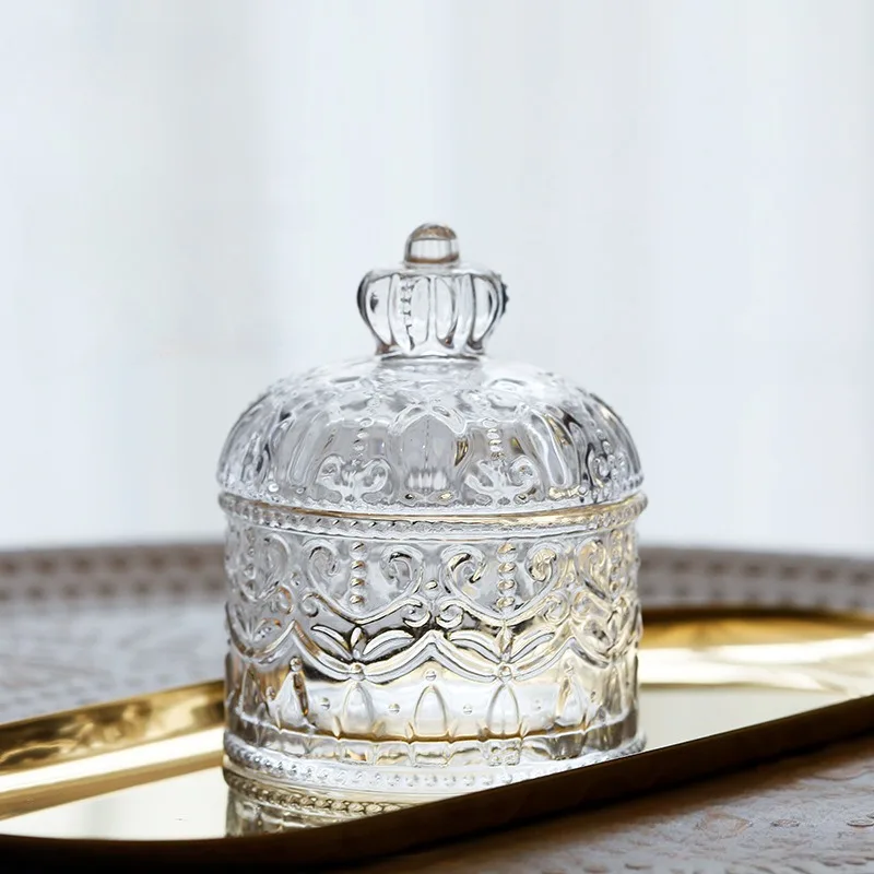 Creative Clear Glass Storage Jar Crown Embossed Glass Crystal Tea Jar Candy Storage Box with Lid Cotton Swab Box Home Decoration 4