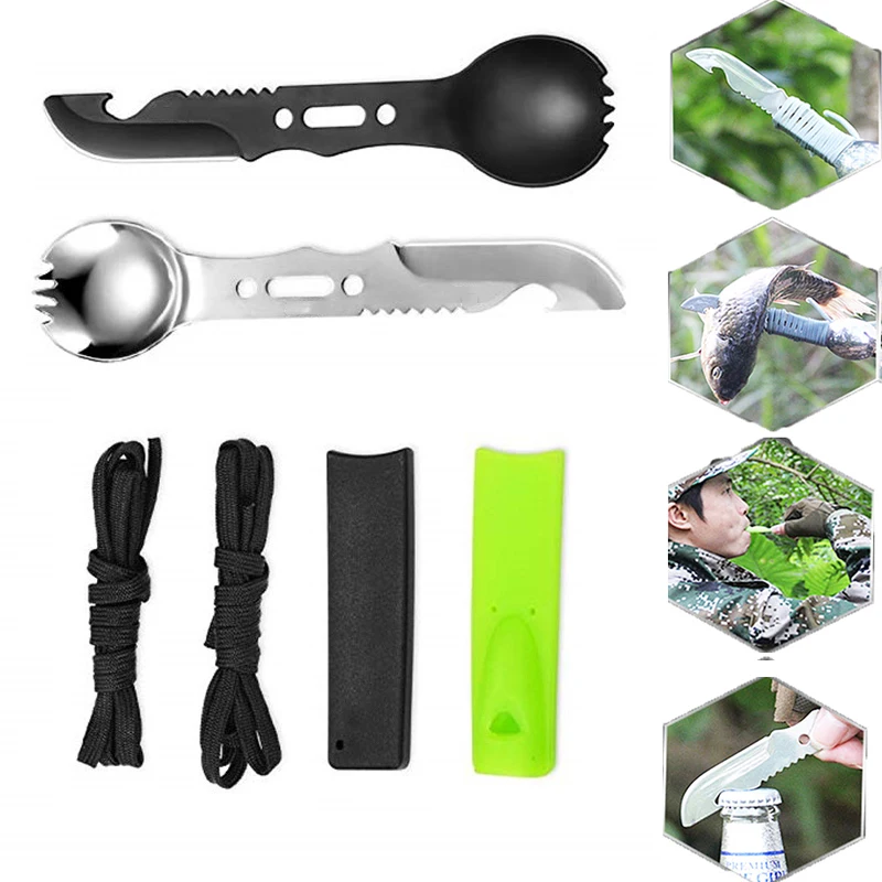 5 In 1 Outdoor Spoon Fork Knife Set Whistle Camping Survival Tool Hiking Hunting EDC Survival Multifunctional Tableware Utensil led drawing pad,camping stove,multi function tool,pocket knives,camping knives,gear set