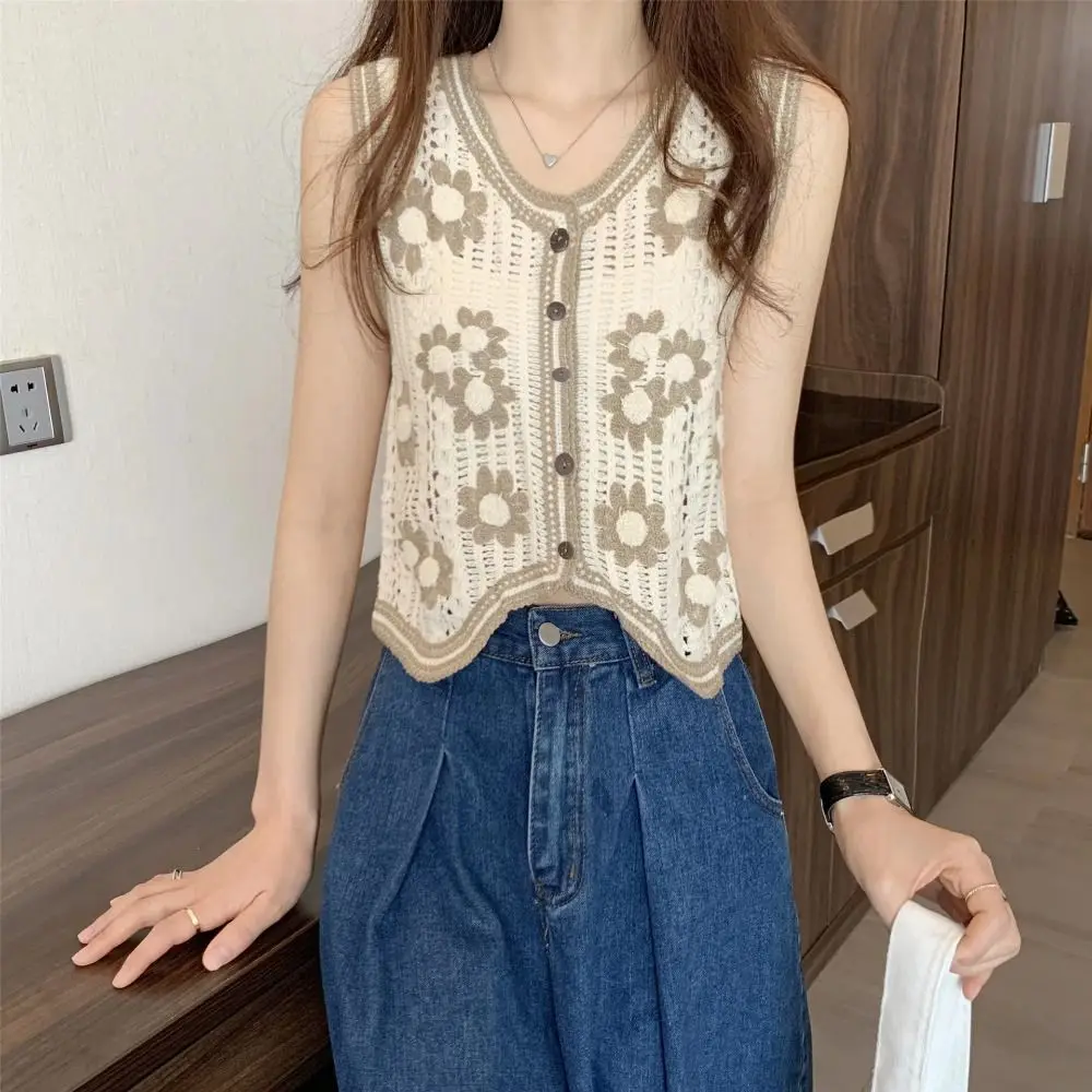 

V-neck Embroidery Crochet Flower Vest Sleeveless Cardigan Jumpers Waistcoat Top Korean Style Single Breasted