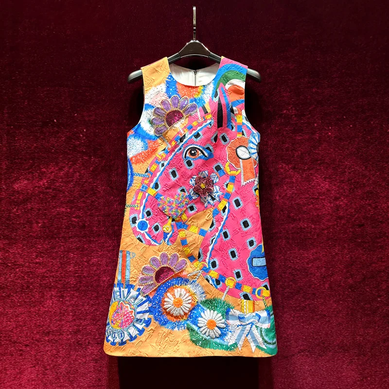 

2024 Fashion women's sequin print round collar sleeveless A-line dress